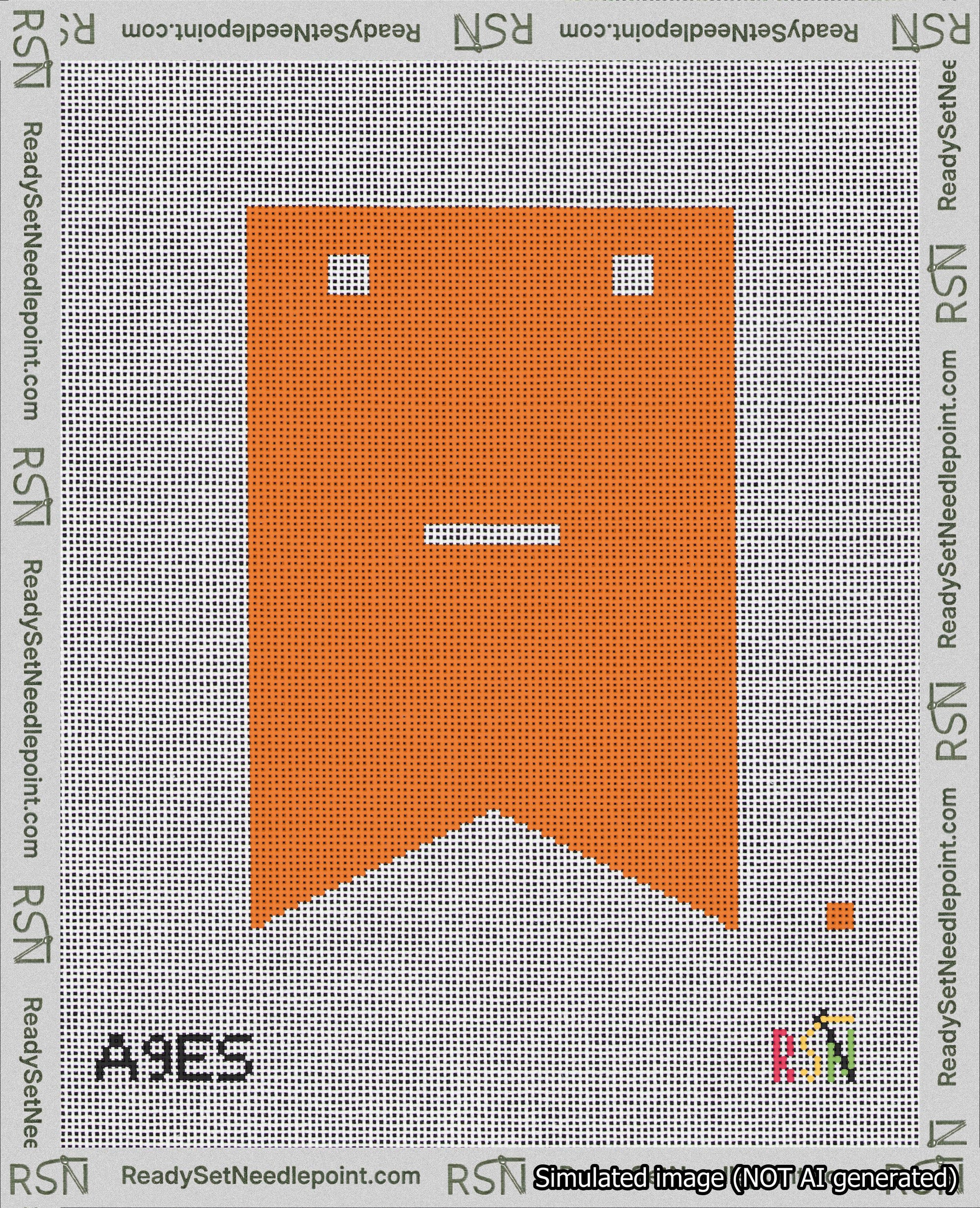 A taped needlepoint canvas with the design: Banner 18 mesh count Forked Dash White on Orange.