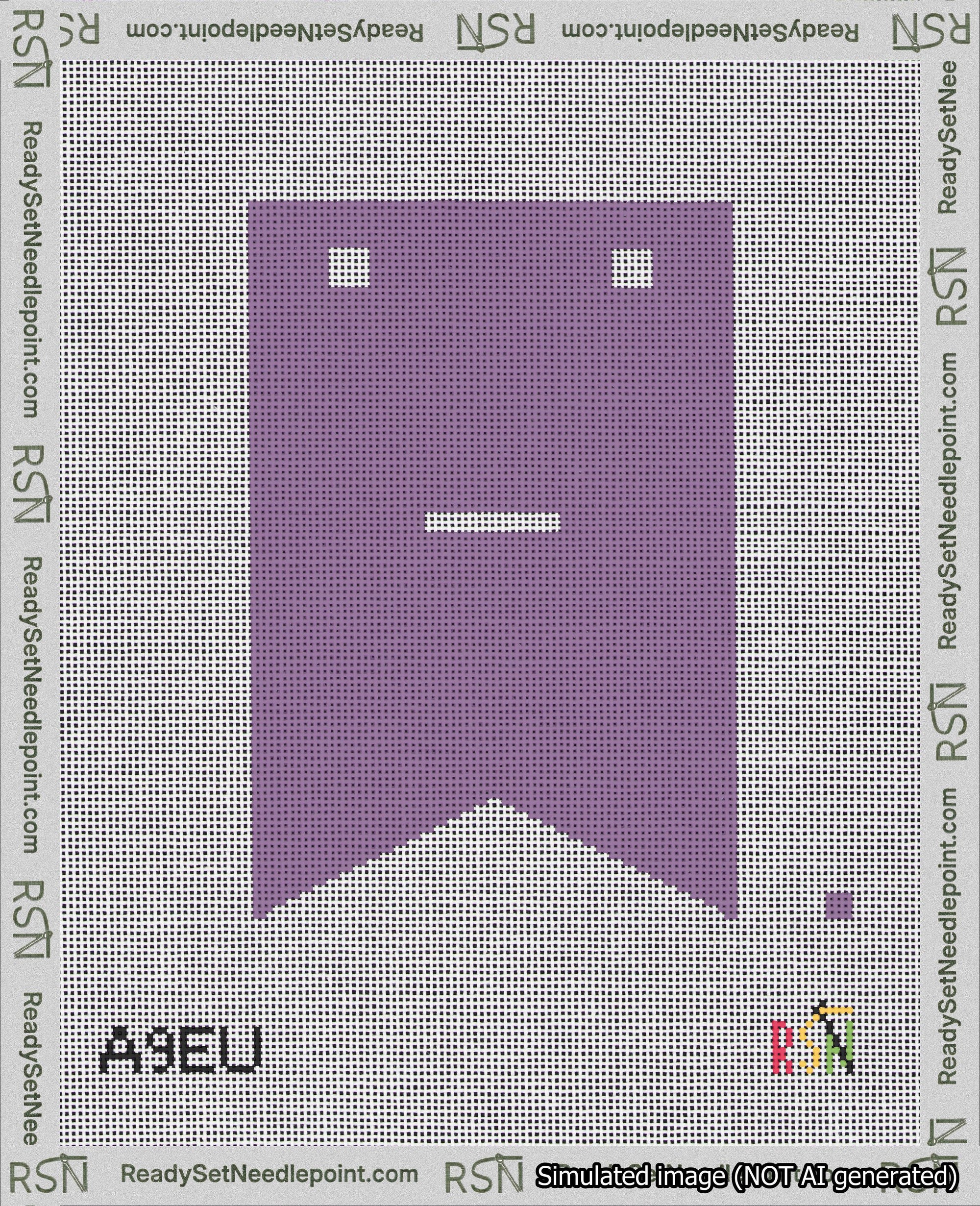 A taped needlepoint canvas with the design: Banner 18 mesh count Forked Dash White on Purple.