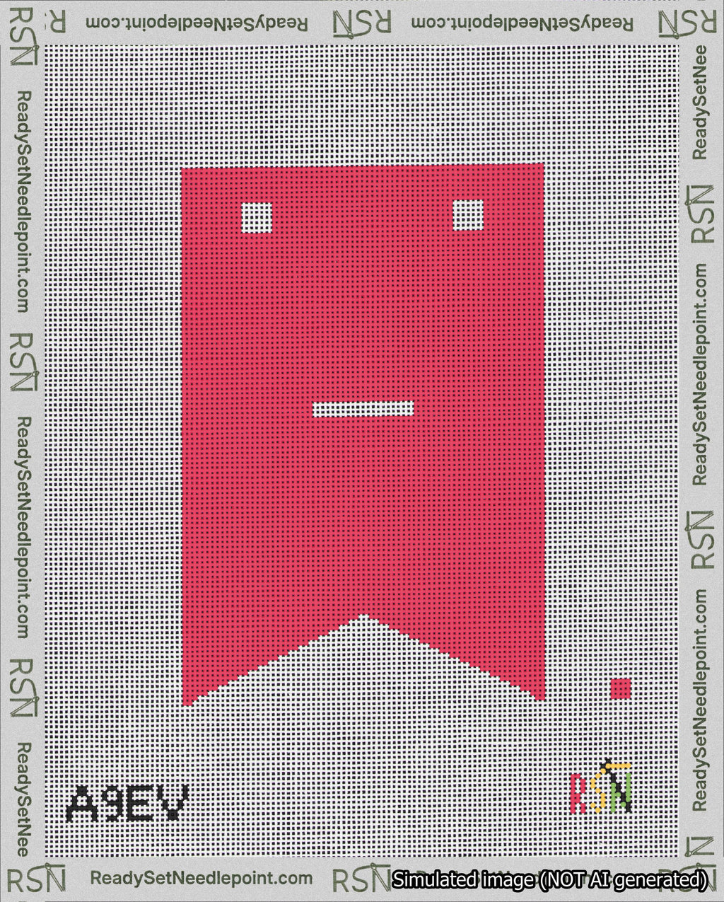 A taped needlepoint canvas with the design: Banner 18 mesh count Forked Dash White on Red.