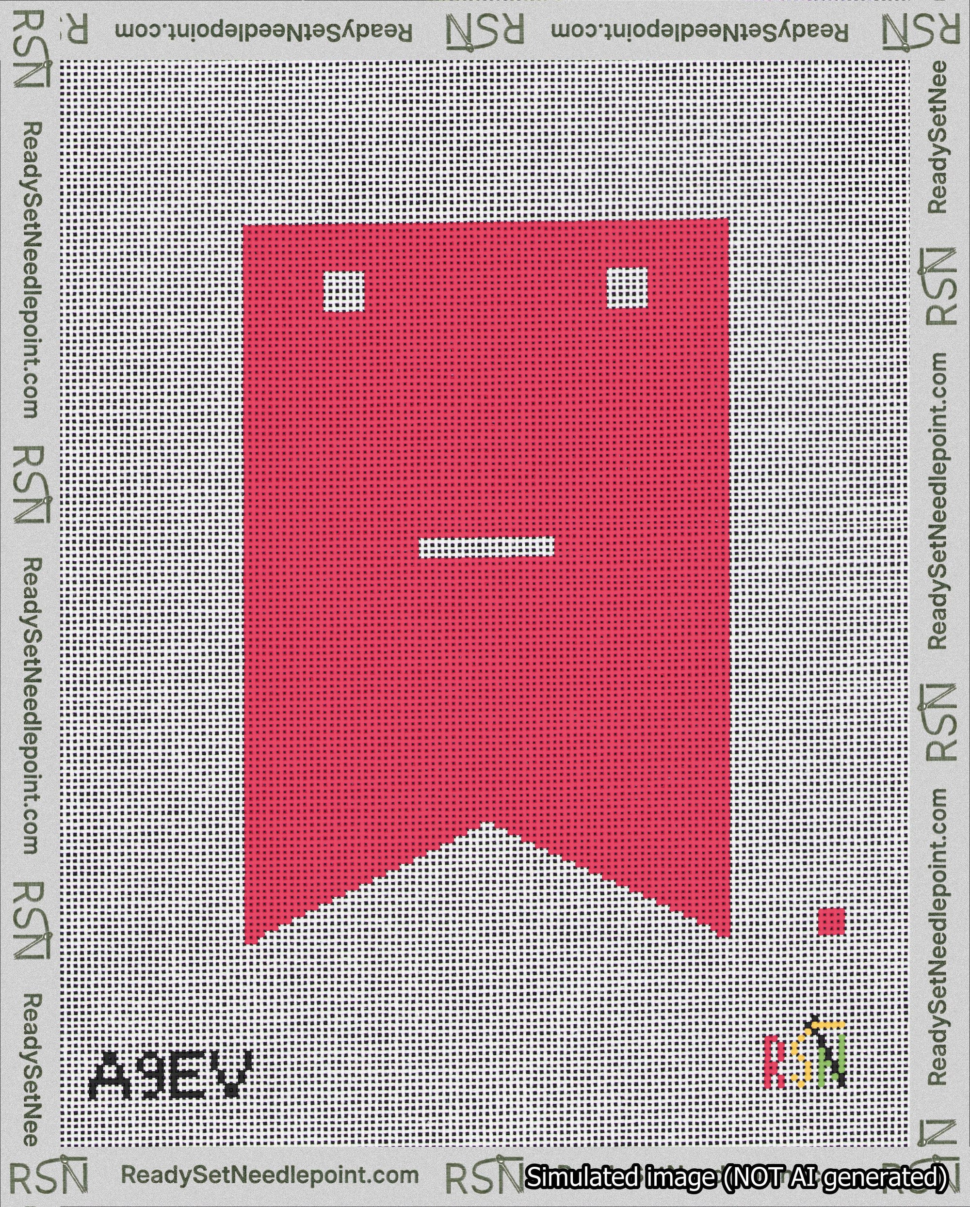 A taped needlepoint canvas with the design: Banner 18 mesh count Forked Dash White on Red.