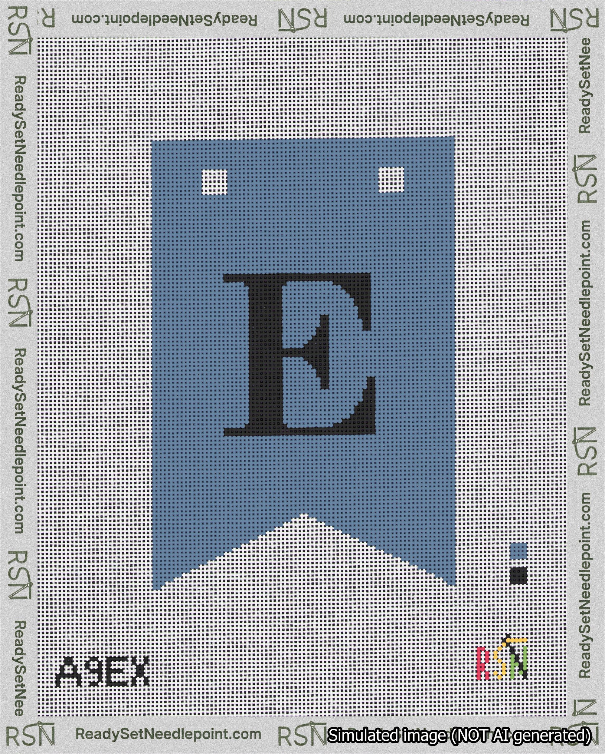 A taped needlepoint canvas with the design: Banner 18 mesh count Forked E Black on Blue.