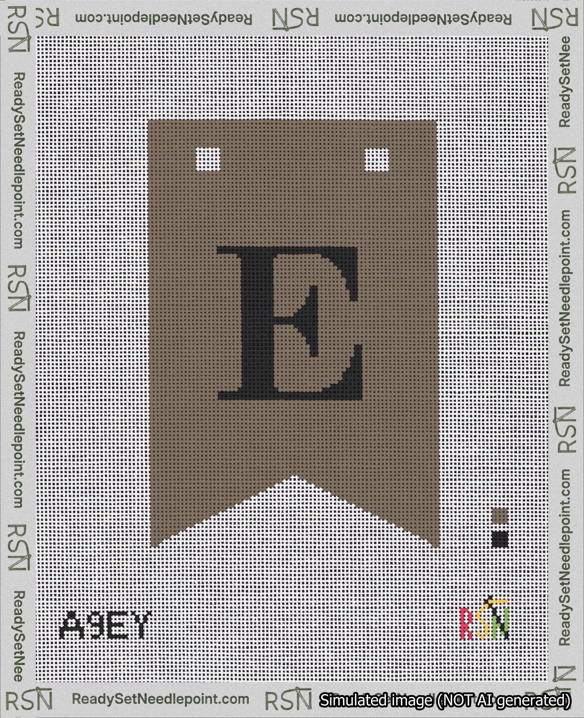 A taped needlepoint canvas with the design: Banner 18 mesh count Forked E Black on Brown.