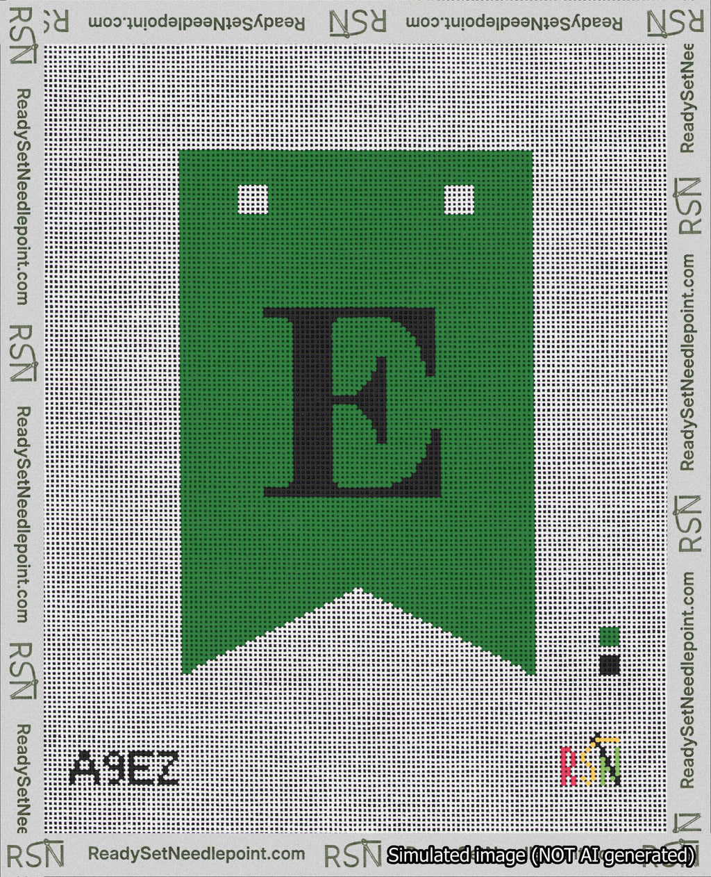 A taped needlepoint canvas with the design: Banner 18 mesh count Forked E Black on Green.