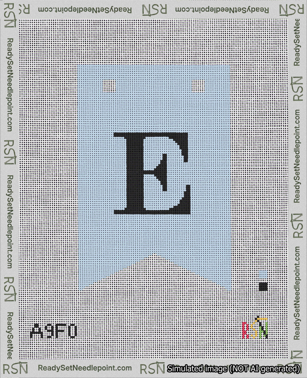 A taped needlepoint canvas with the design: Banner 18 mesh count Forked E Black on Light Blue.
