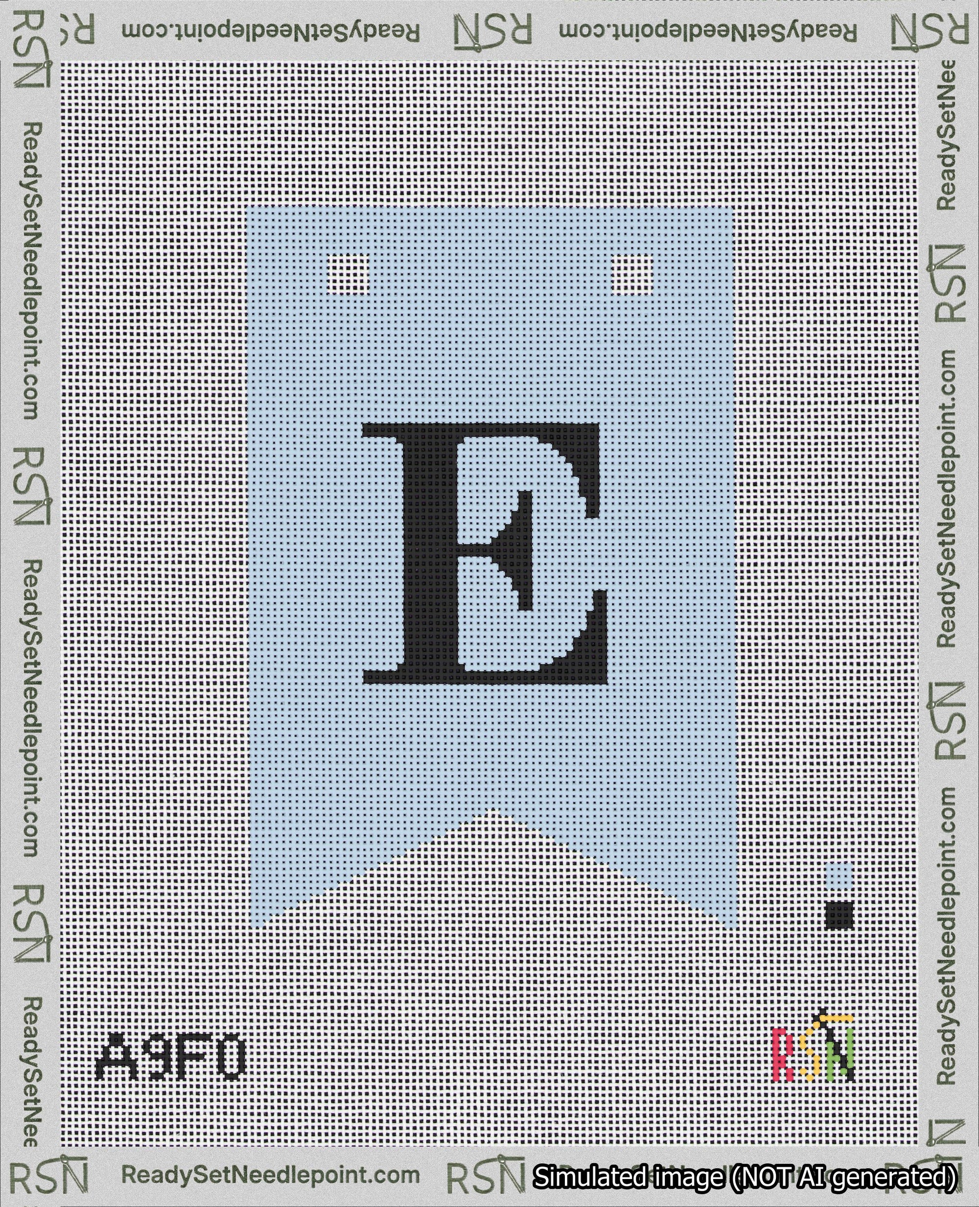 A taped needlepoint canvas with the design: Banner 18 mesh count Forked E Black on Light Blue.