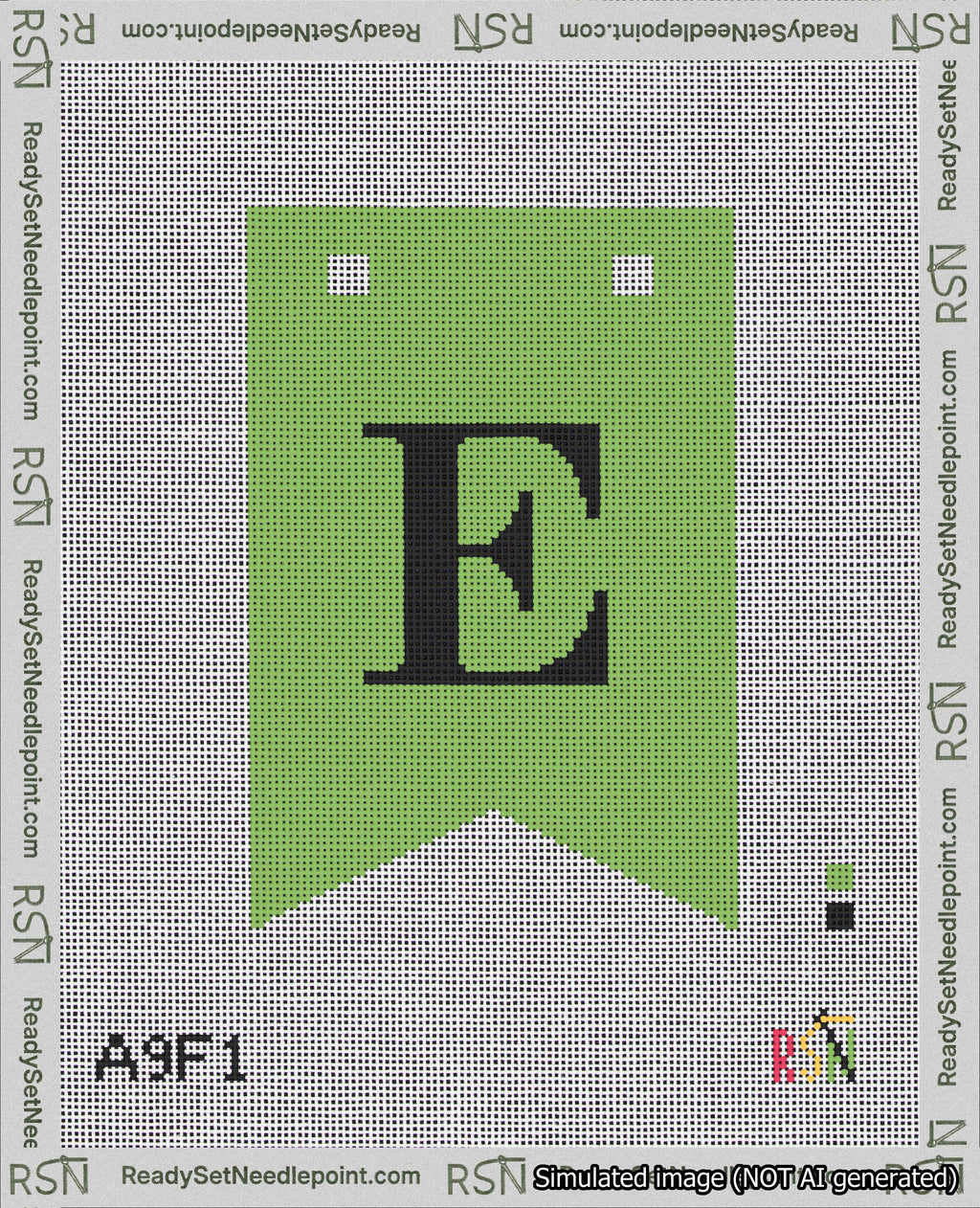 A taped needlepoint canvas with the design: Banner 18 mesh count Forked E Black on Light Green.