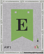 A taped needlepoint canvas with the design: Banner 18 mesh count Forked E Black on Light Green.