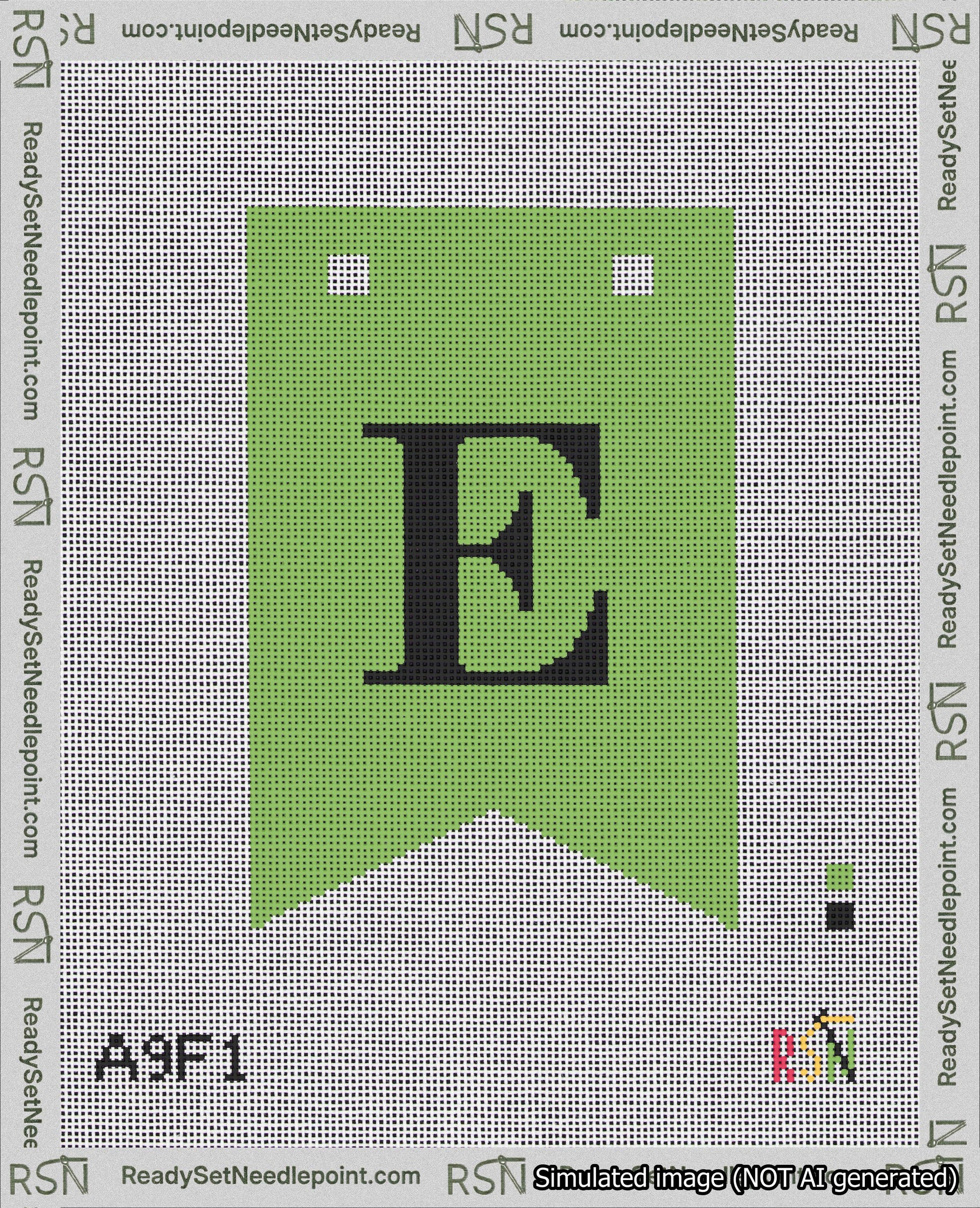 A taped needlepoint canvas with the design: Banner 18 mesh count Forked E Black on Light Green.