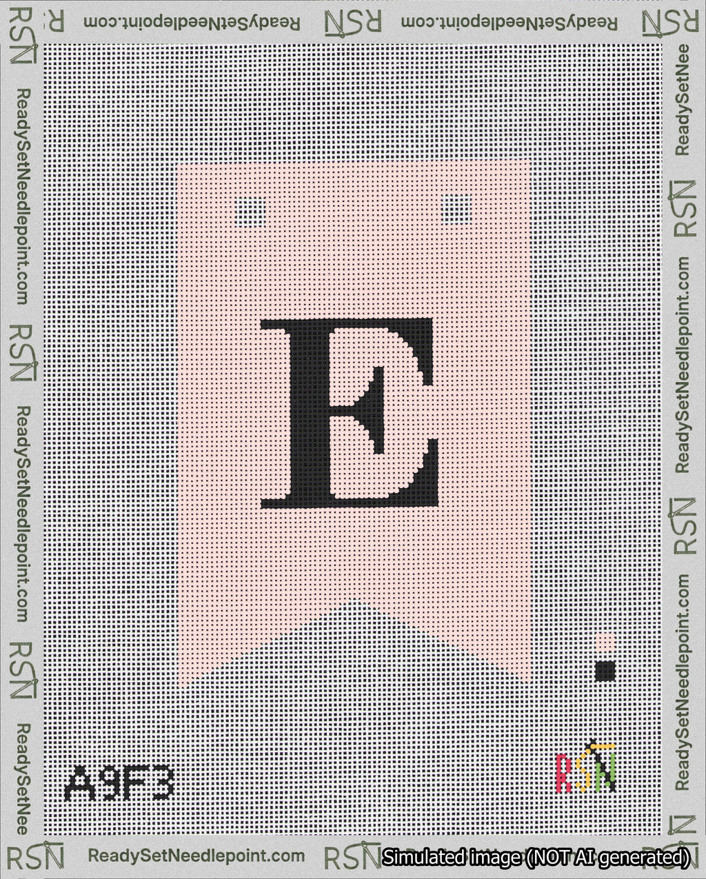 A taped needlepoint canvas with the design: Banner 18 mesh count Forked E Black on Pink.