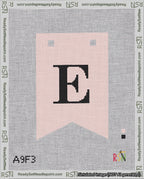 A taped needlepoint canvas with the design: Banner 18 mesh count Forked E Black on Pink.