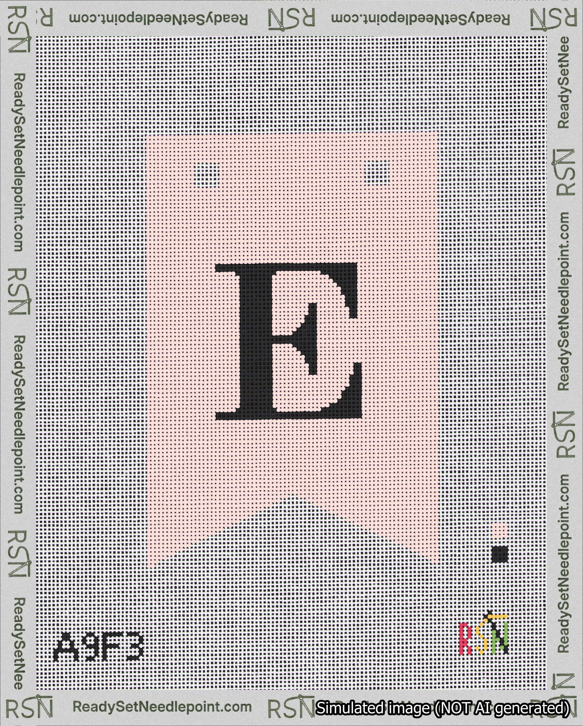 A taped needlepoint canvas with the design: Banner 18 mesh count Forked E Black on Pink.