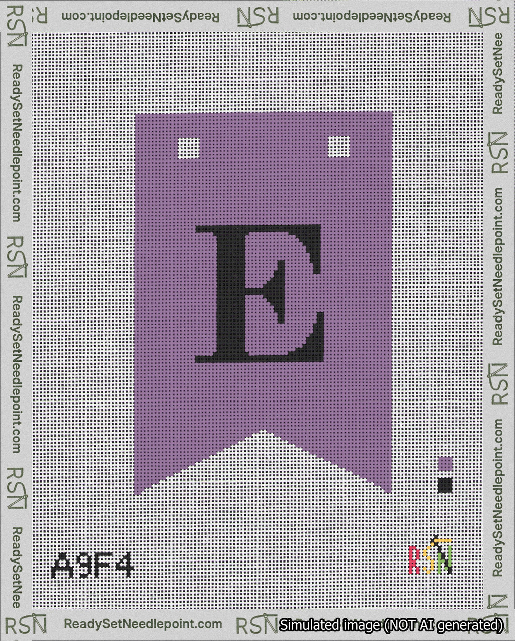 A taped needlepoint canvas with the design: Banner 18 mesh count Forked E Black on Purple.