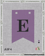 A taped needlepoint canvas with the design: Banner 18 mesh count Forked E Black on Purple.
