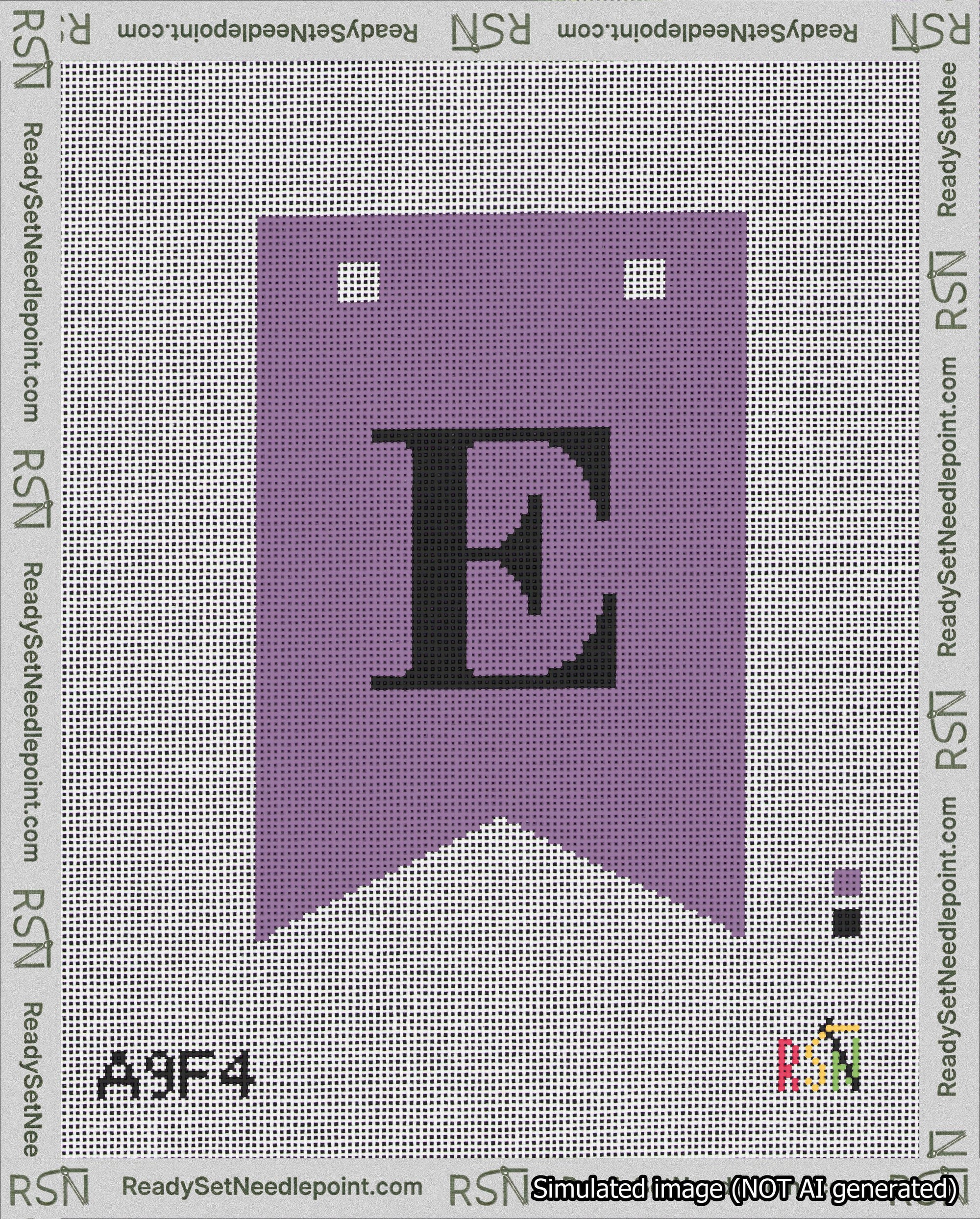 A taped needlepoint canvas with the design: Banner 18 mesh count Forked E Black on Purple.
