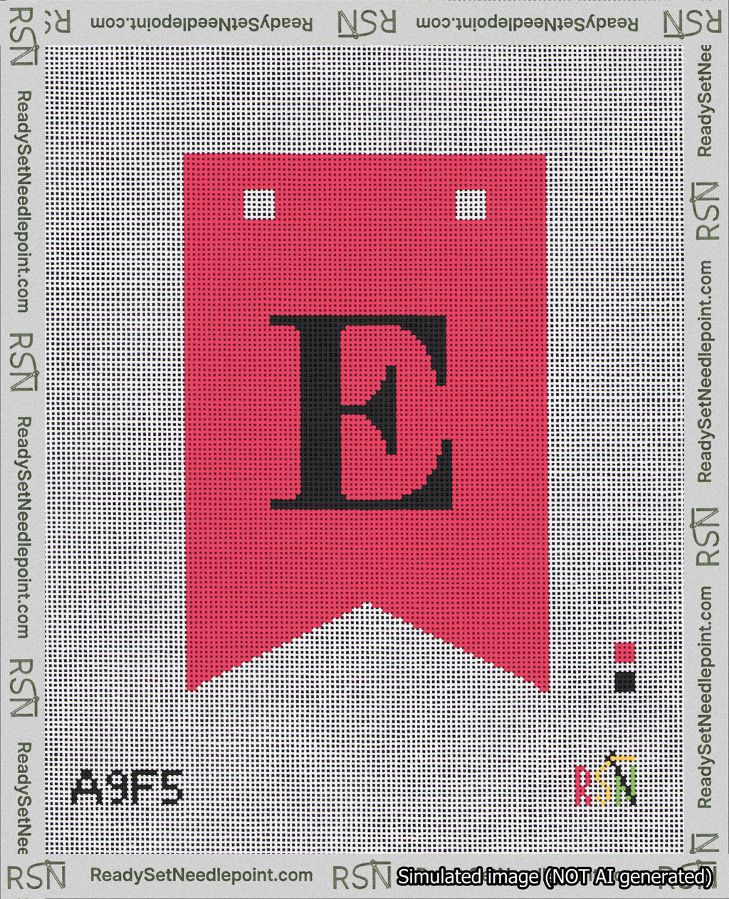 A taped needlepoint canvas with the design: Banner 18 mesh count Forked E Black on Red.
