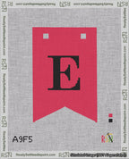 A taped needlepoint canvas with the design: Banner 18 mesh count Forked E Black on Red.