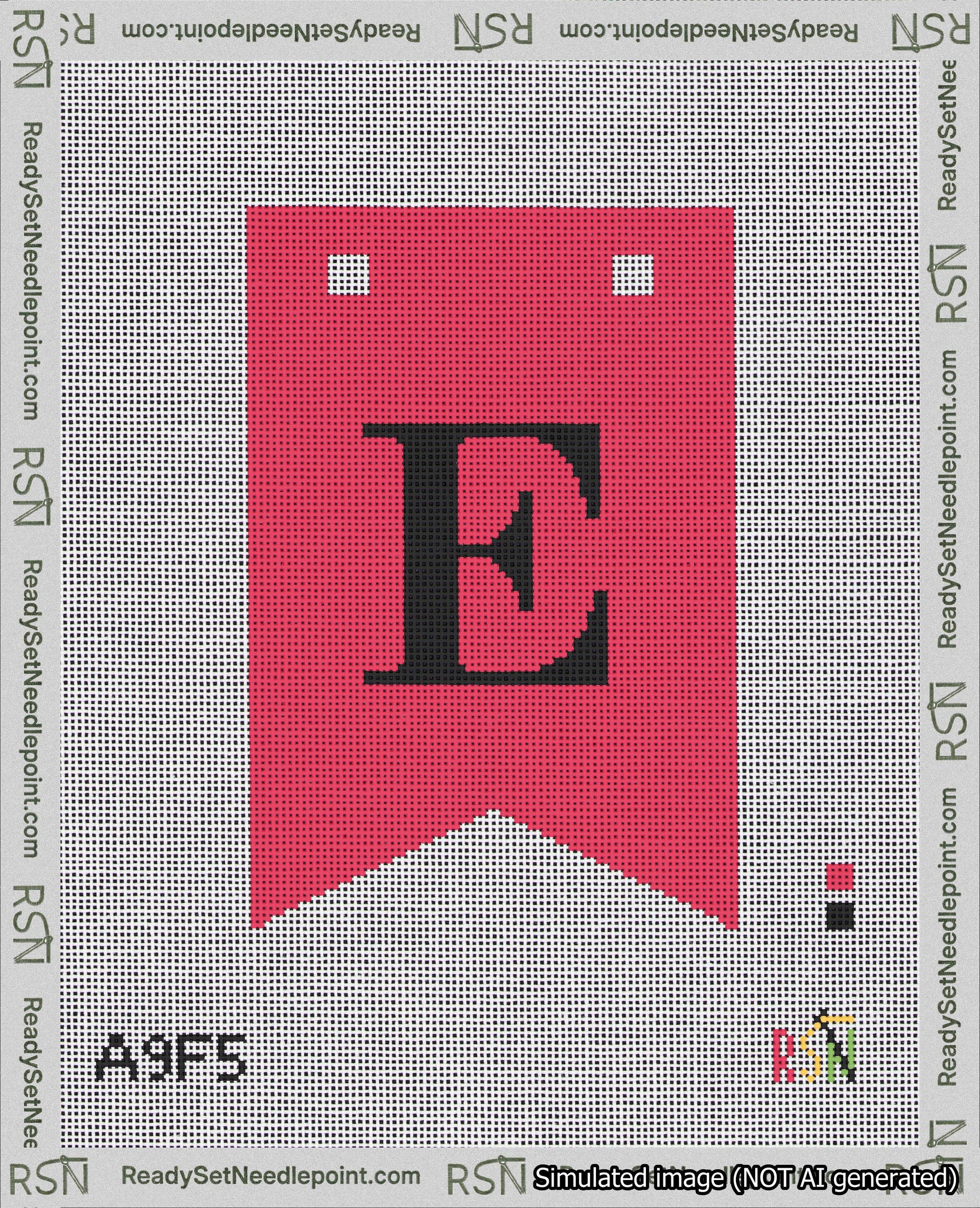 A taped needlepoint canvas with the design: Banner 18 mesh count Forked E Black on Red.
