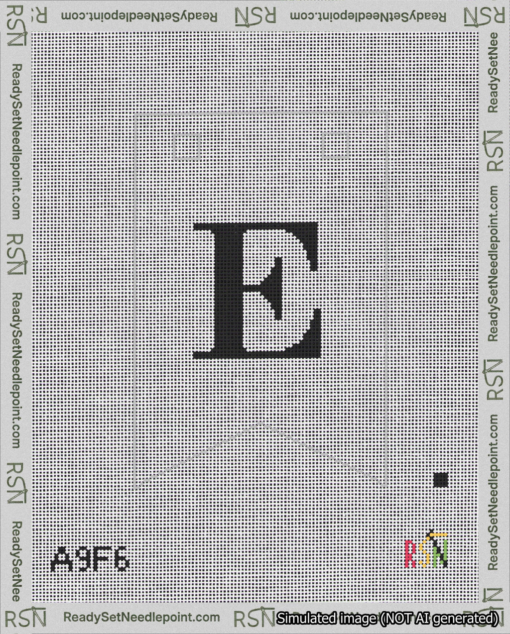A taped needlepoint canvas with the design: Banner 18 mesh count Forked E Black on White.