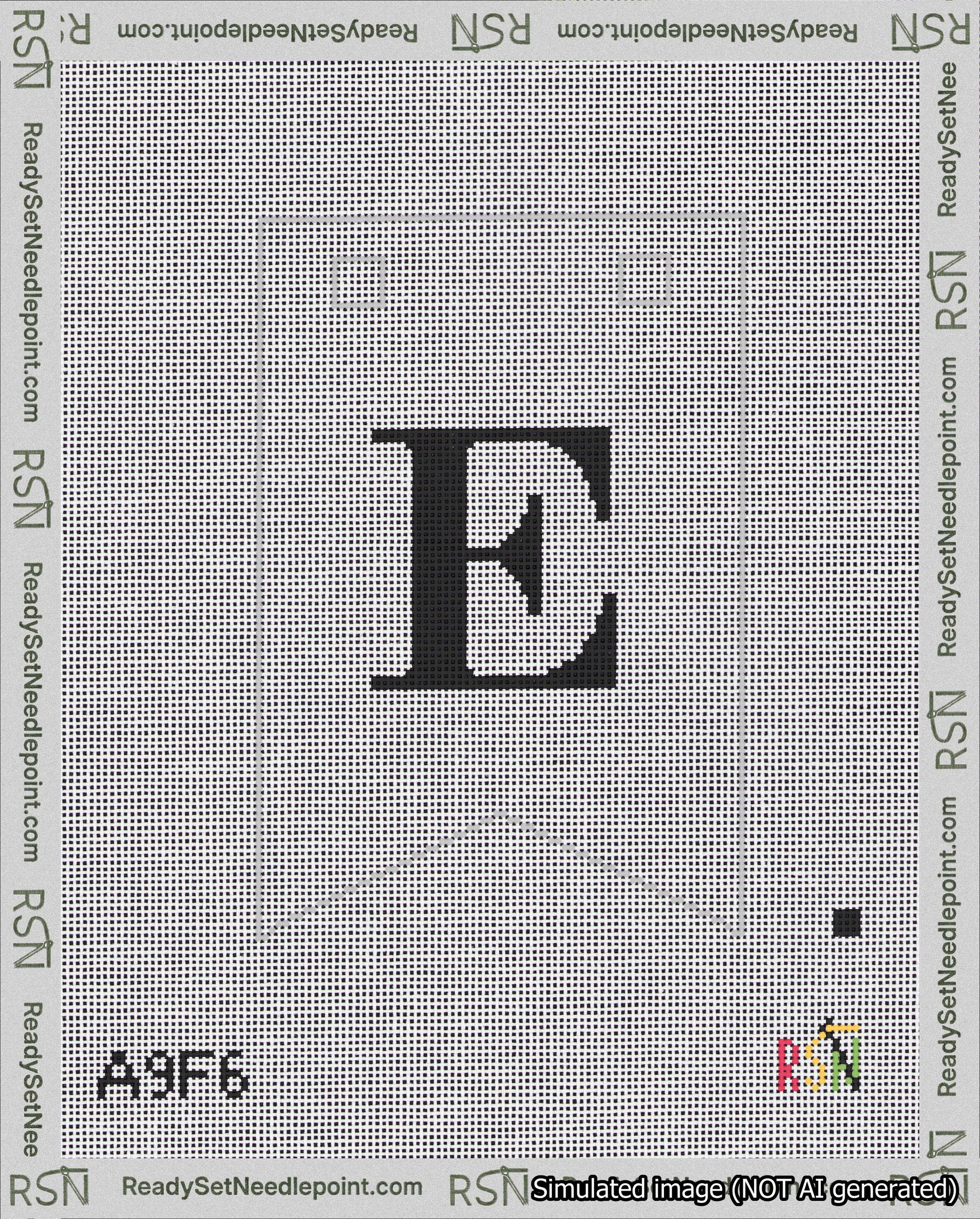A taped needlepoint canvas with the design: Banner 18 mesh count Forked E Black on White.