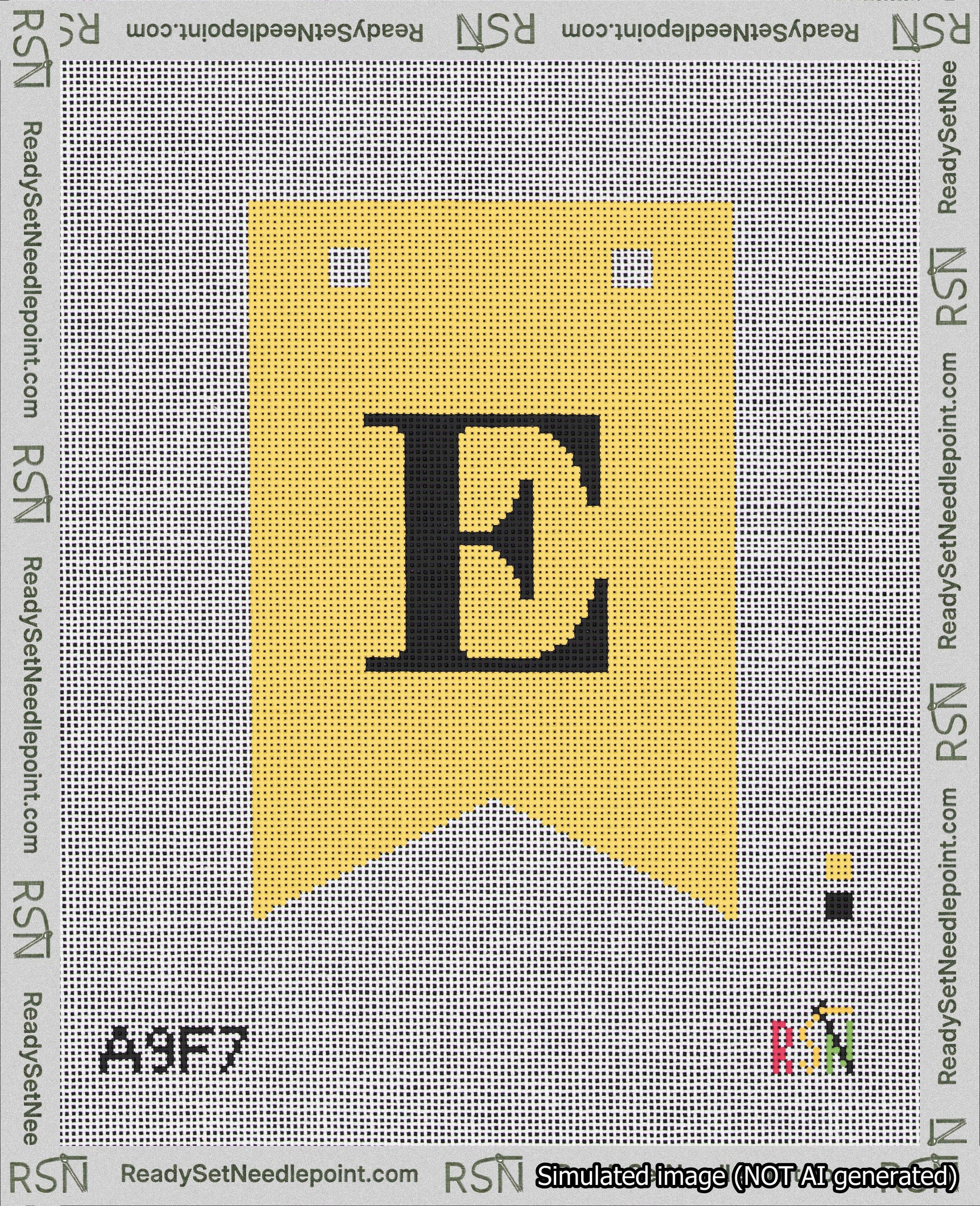 A taped needlepoint canvas with the design: Banner 18 mesh count Forked E Black on Yellow.
