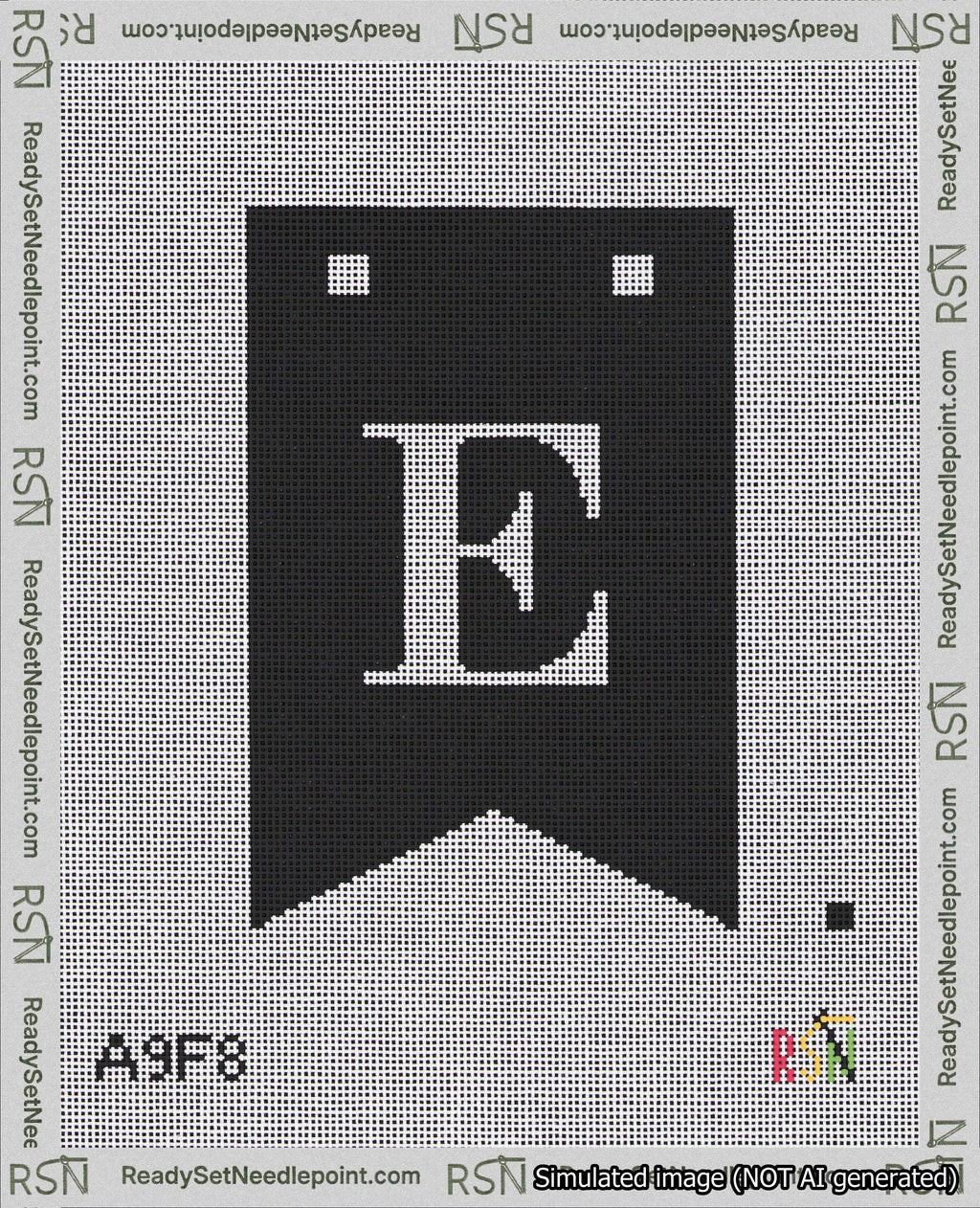 A taped needlepoint canvas with the design: Banner 18 mesh count Forked E White on Black.
