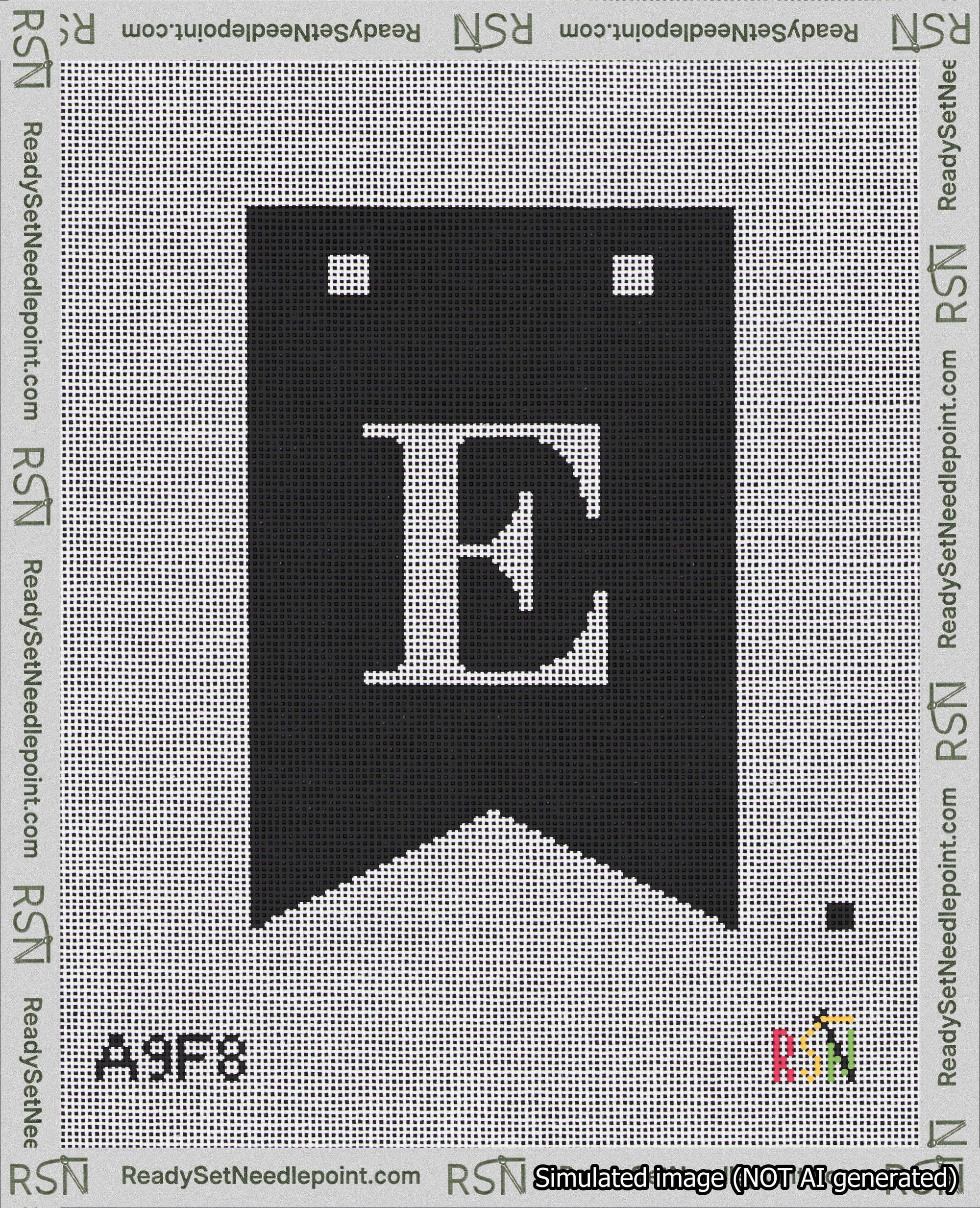 A taped needlepoint canvas with the design: Banner 18 mesh count Forked E White on Black.