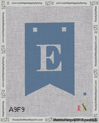 A taped needlepoint canvas with the design: Banner 18 mesh count Forked E White on Blue.