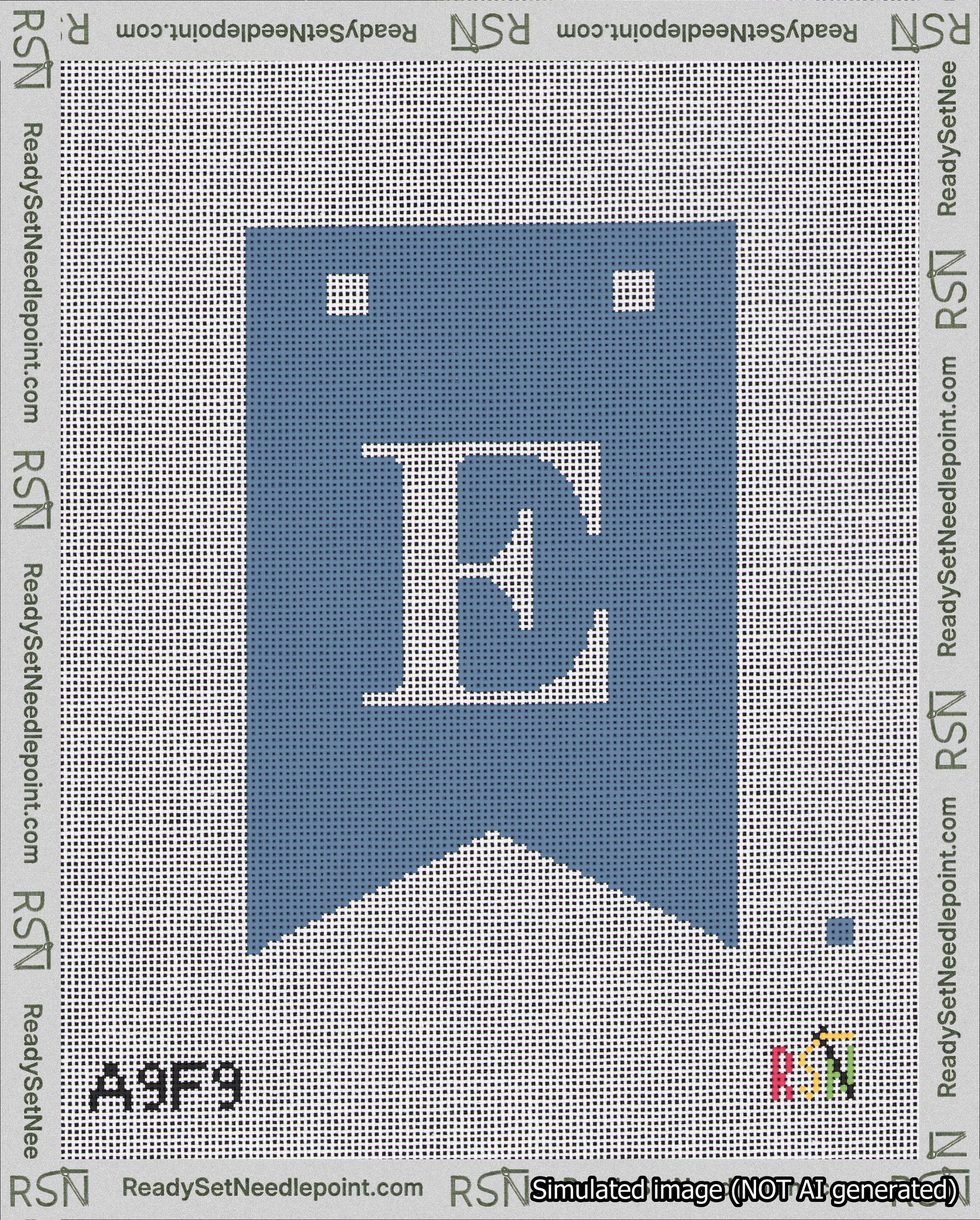 A taped needlepoint canvas with the design: Banner 18 mesh count Forked E White on Blue.