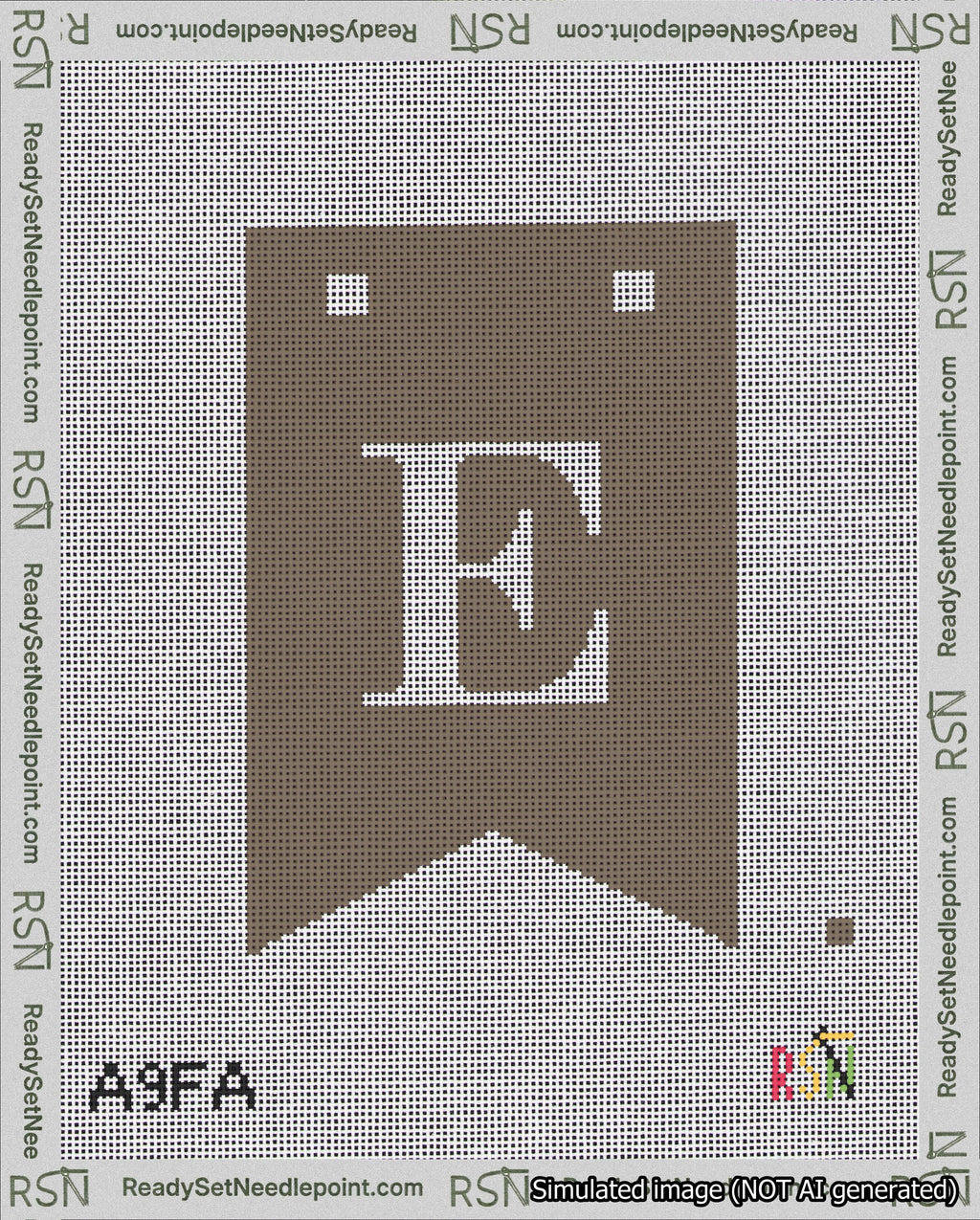 A taped needlepoint canvas with the design: Banner 18 mesh count Forked E White on Brown.