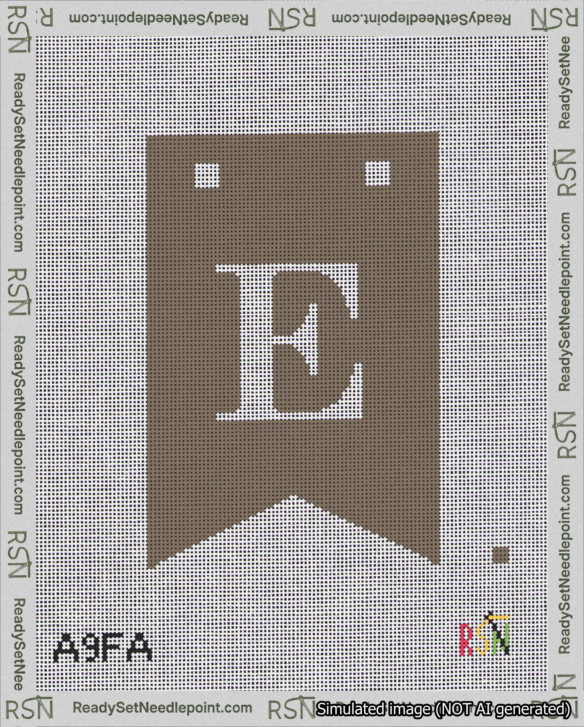 A taped needlepoint canvas with the design: Banner 18 mesh count Forked E White on Brown.