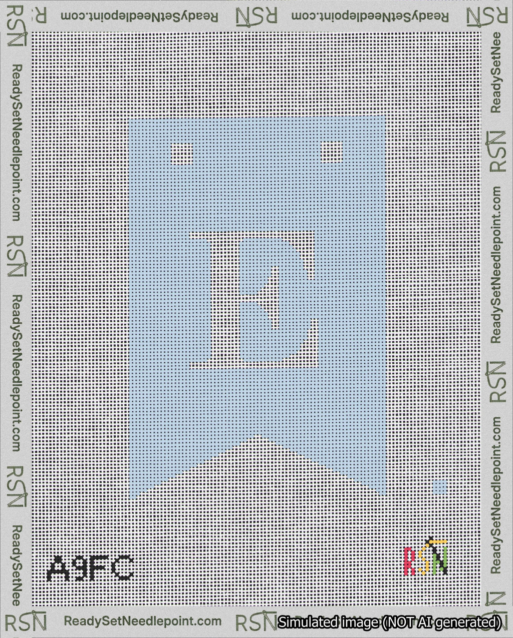 A taped needlepoint canvas with the design: Banner 18 mesh count Forked E White on Light Blue.