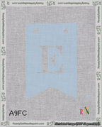 A taped needlepoint canvas with the design: Banner 18 mesh count Forked E White on Light Blue.