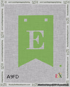 A taped needlepoint canvas with the design: Banner 18 mesh count Forked E White on Light Green.