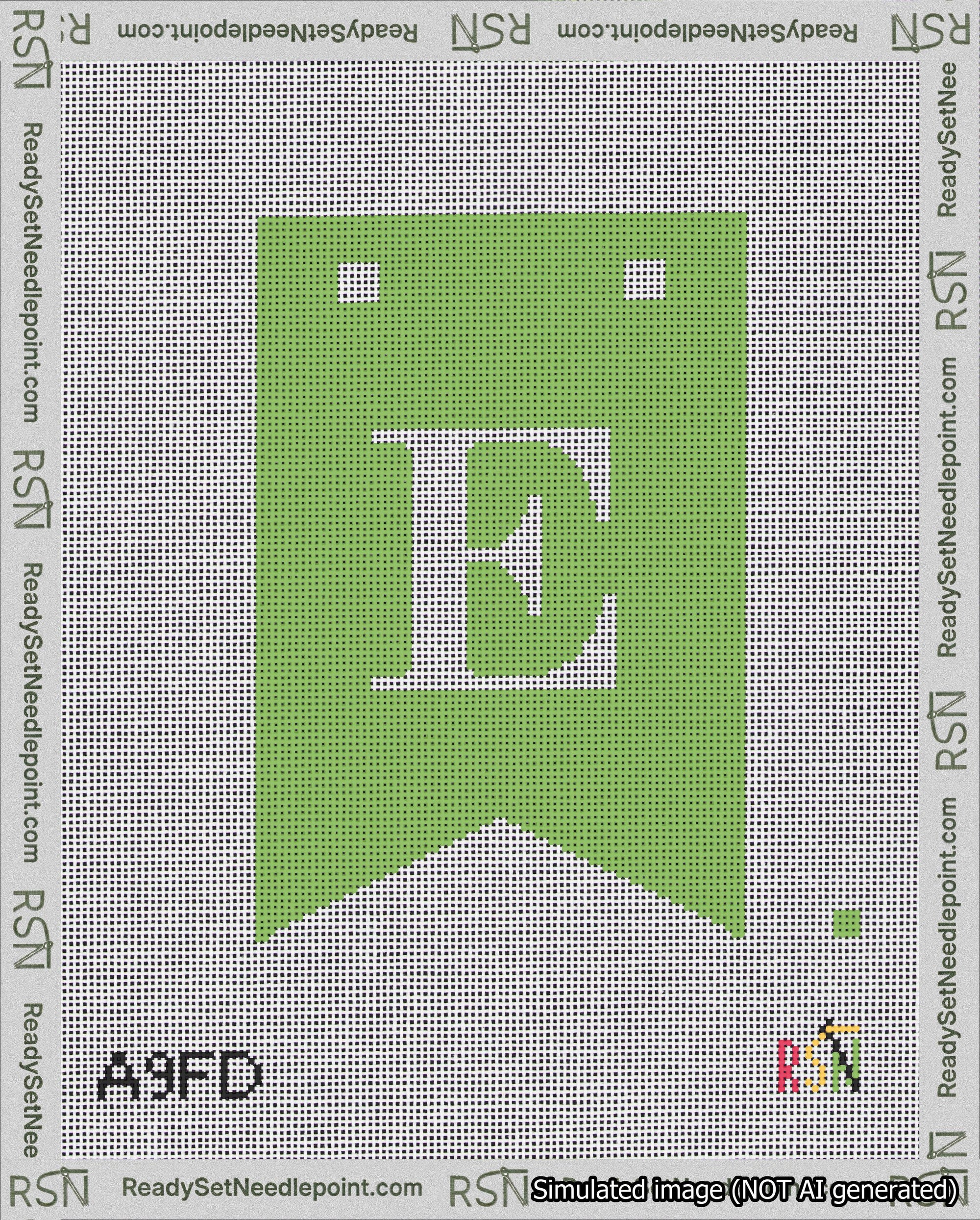 A taped needlepoint canvas with the design: Banner 18 mesh count Forked E White on Light Green.