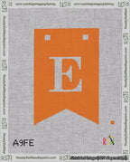 A taped needlepoint canvas with the design: Banner 18 mesh count Forked E White on Orange.