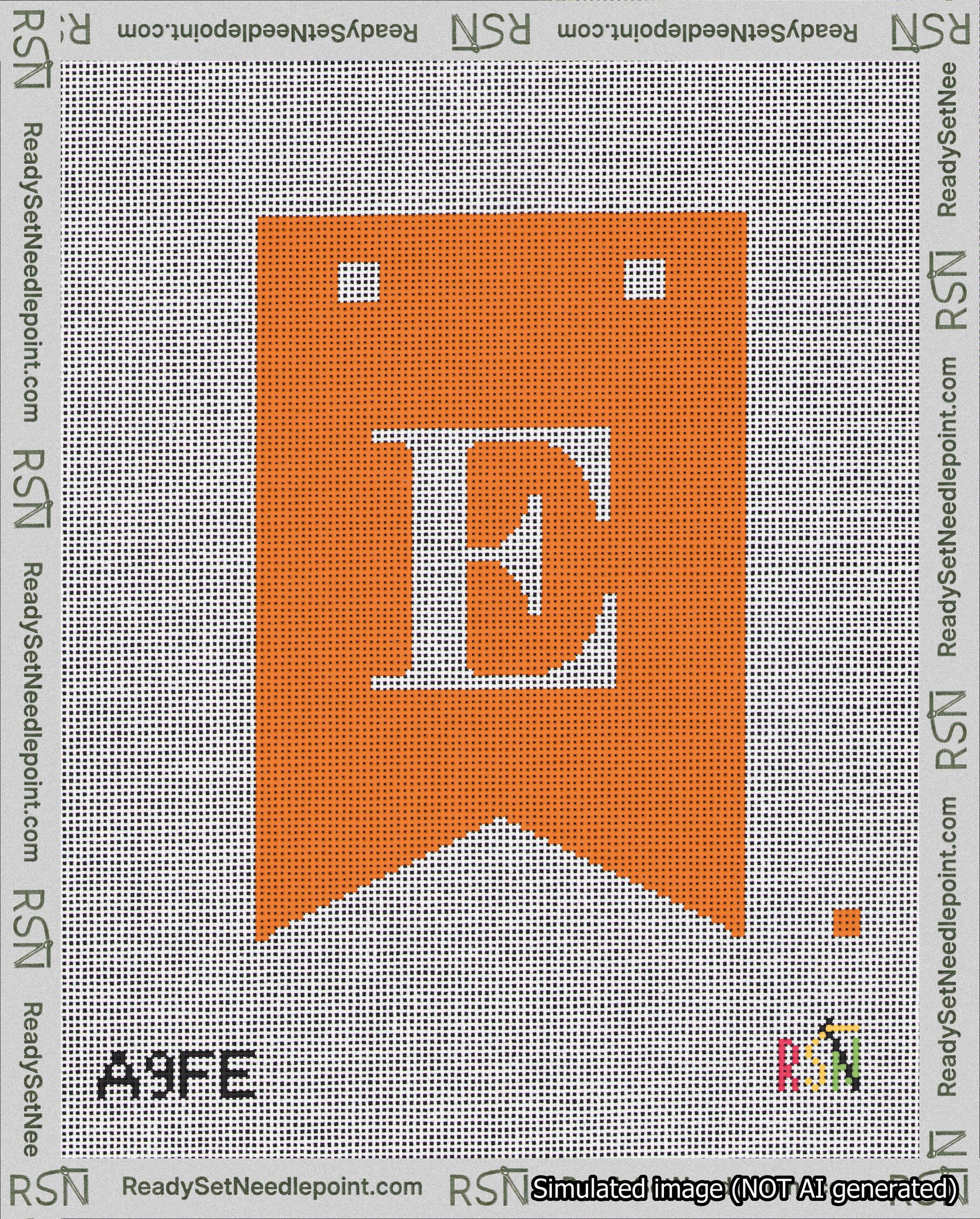 A taped needlepoint canvas with the design: Banner 18 mesh count Forked E White on Orange.