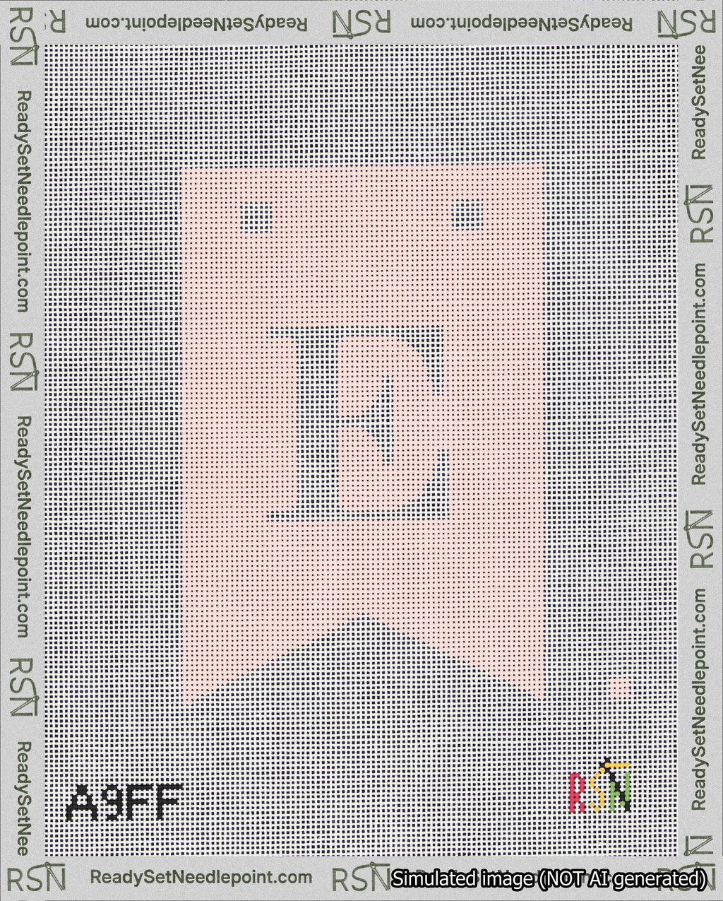 A taped needlepoint canvas with the design: Banner 18 mesh count Forked E White on Pink.
