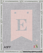 A taped needlepoint canvas with the design: Banner 18 mesh count Forked E White on Pink.