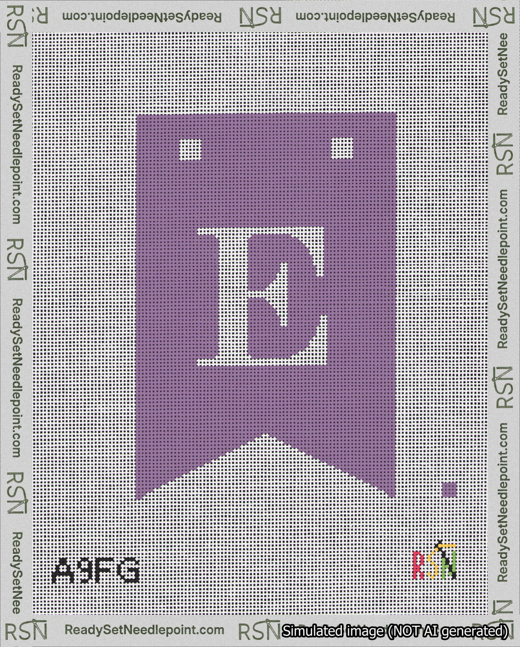 A taped needlepoint canvas with the design: Banner 18 mesh count Forked E White on Purple.