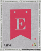 A taped needlepoint canvas with the design: Banner 18 mesh count Forked E White on Red.
