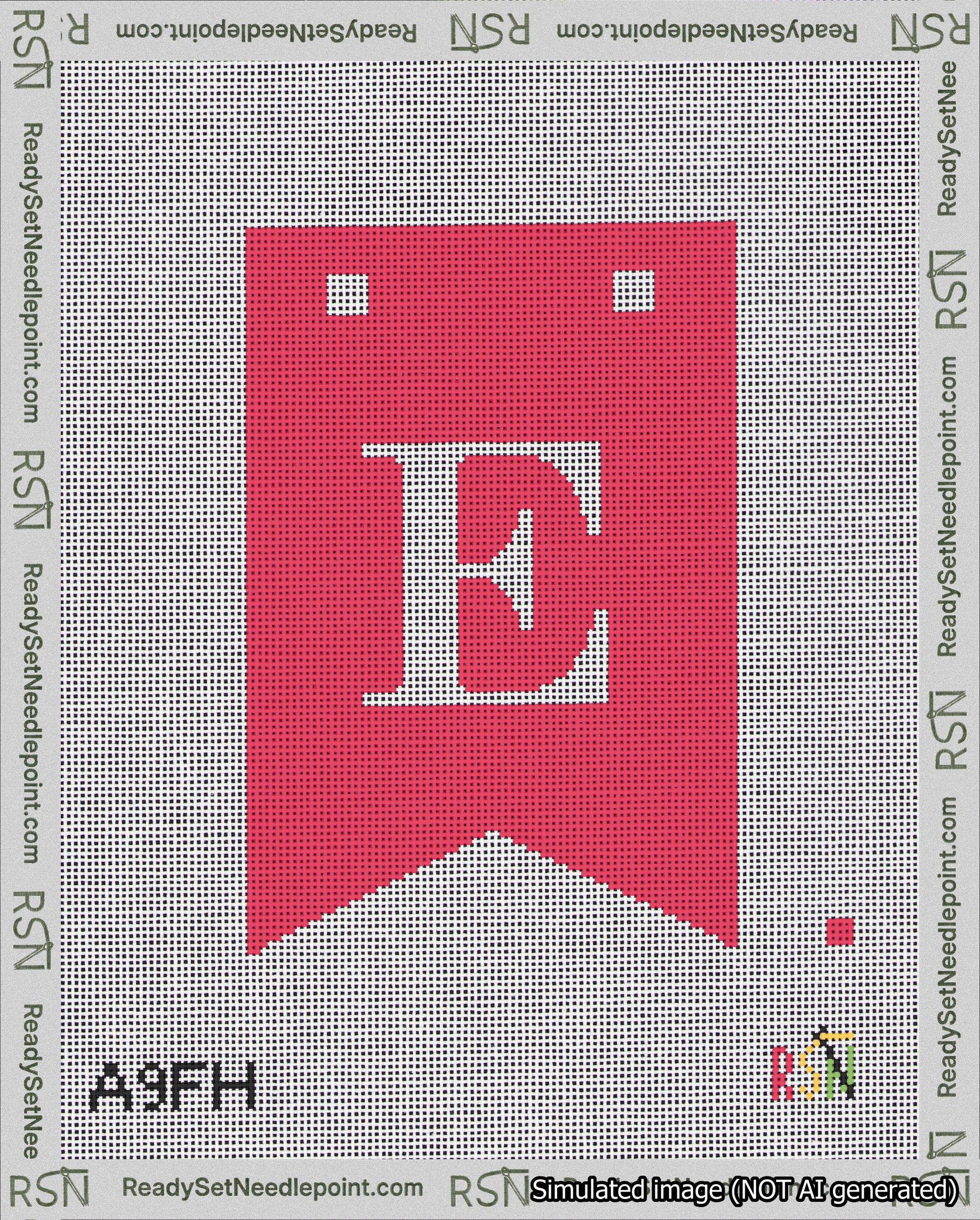 A taped needlepoint canvas with the design: Banner 18 mesh count Forked E White on Red.