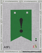 A taped needlepoint canvas with the design: Banner 18 mesh count Forked Exclamation Black on Green.