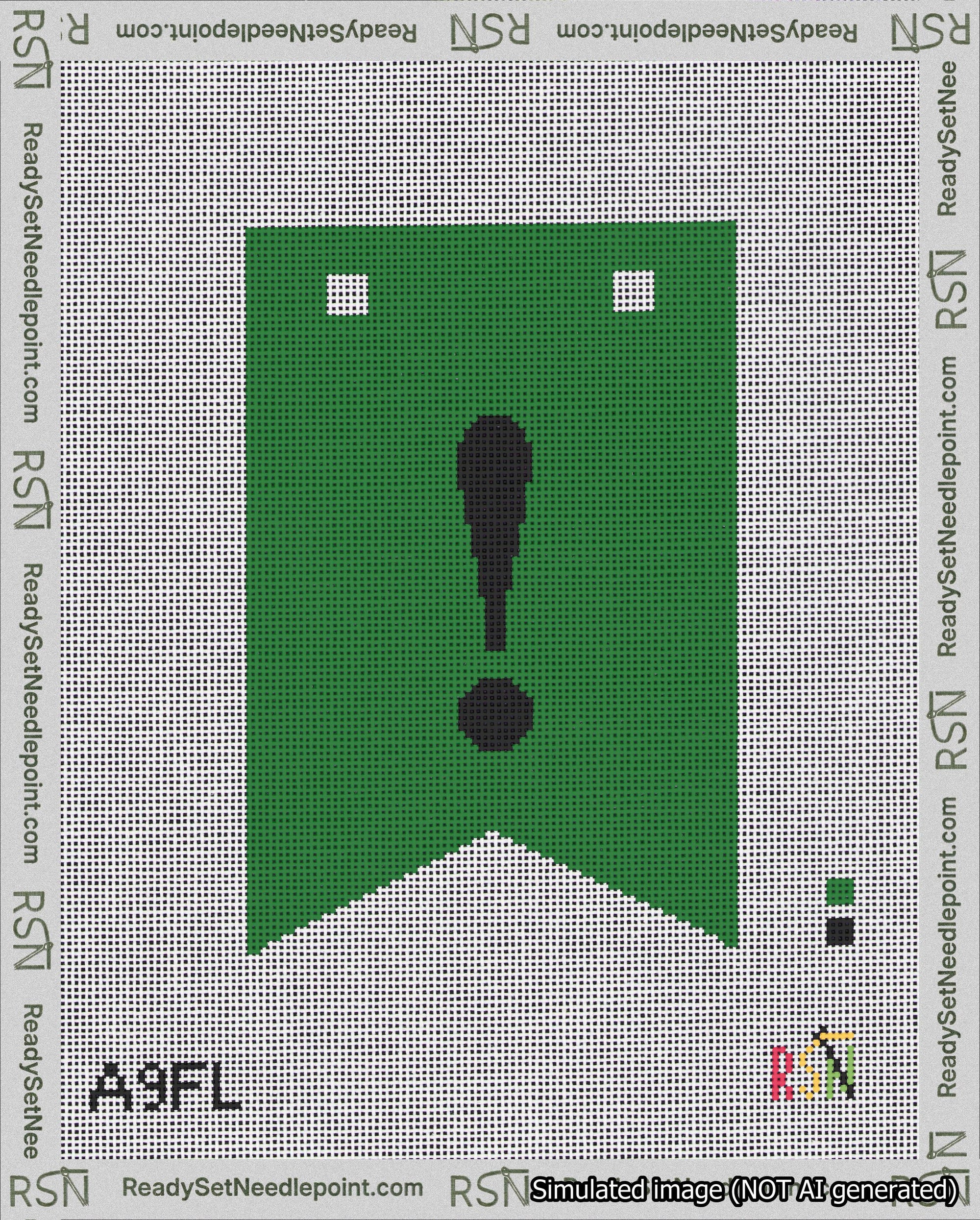 A taped needlepoint canvas with the design: Banner 18 mesh count Forked Exclamation Black on Green.