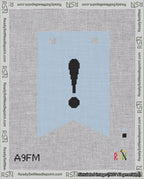 A taped needlepoint canvas with the design: Banner 18 mesh count Forked Exclamation Black on Light Blue.