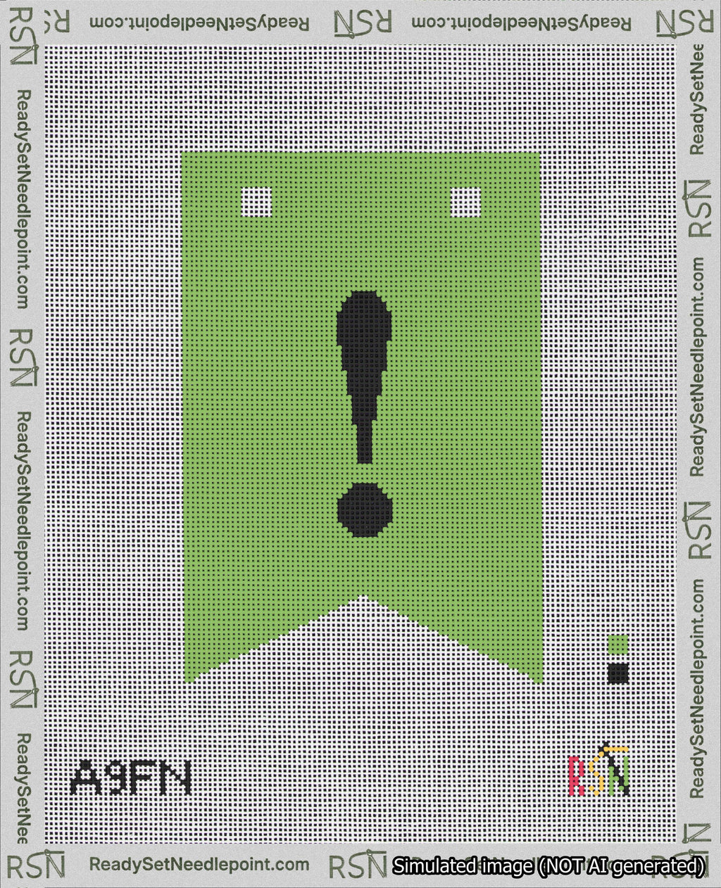 A taped needlepoint canvas with the design: Banner 18 mesh count Forked Exclamation Black on Light Green.