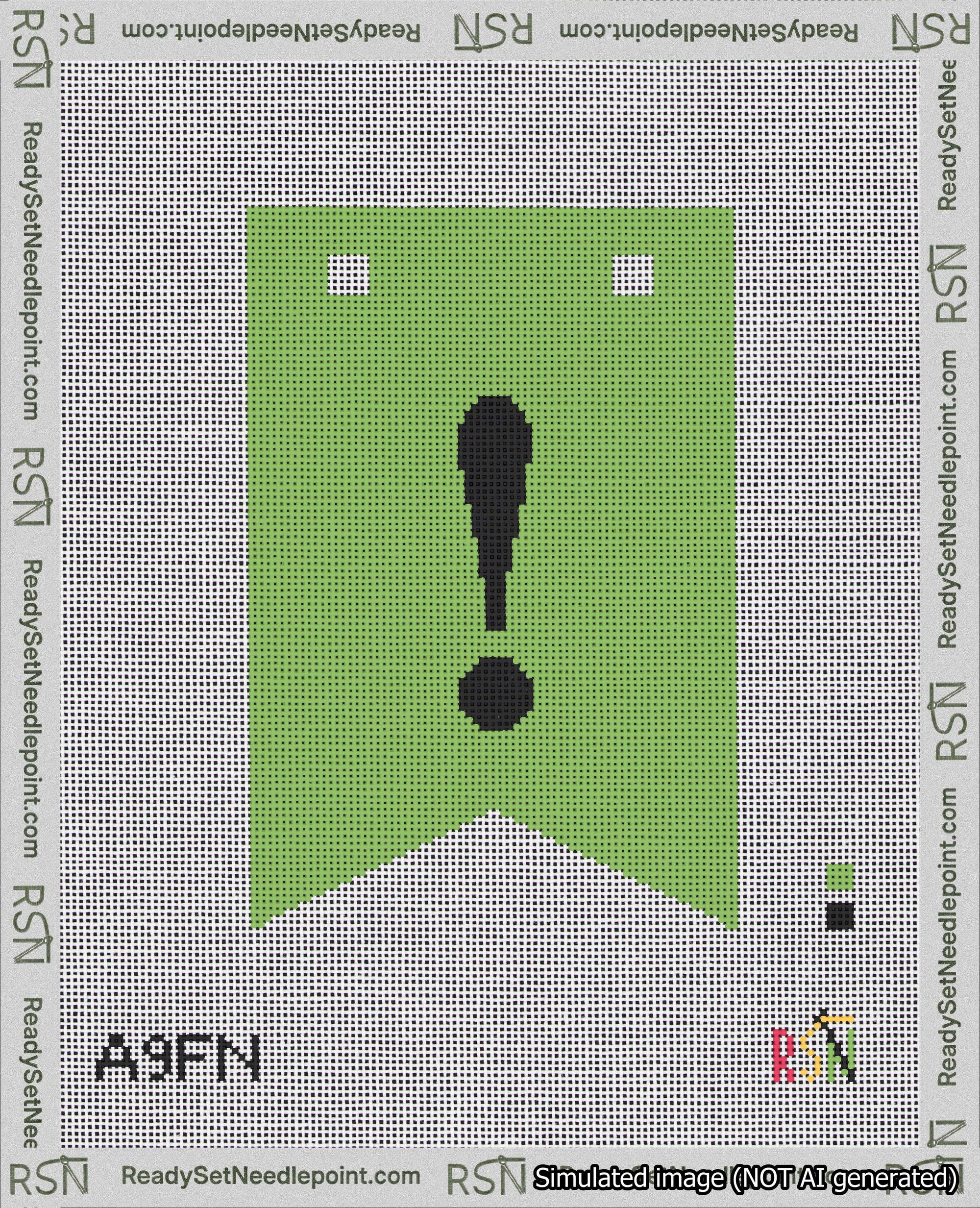 A taped needlepoint canvas with the design: Banner 18 mesh count Forked Exclamation Black on Light Green.