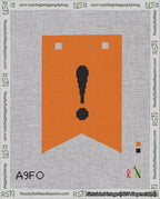 A taped needlepoint canvas with the design: Banner 18 mesh count Forked Exclamation Black on Orange.