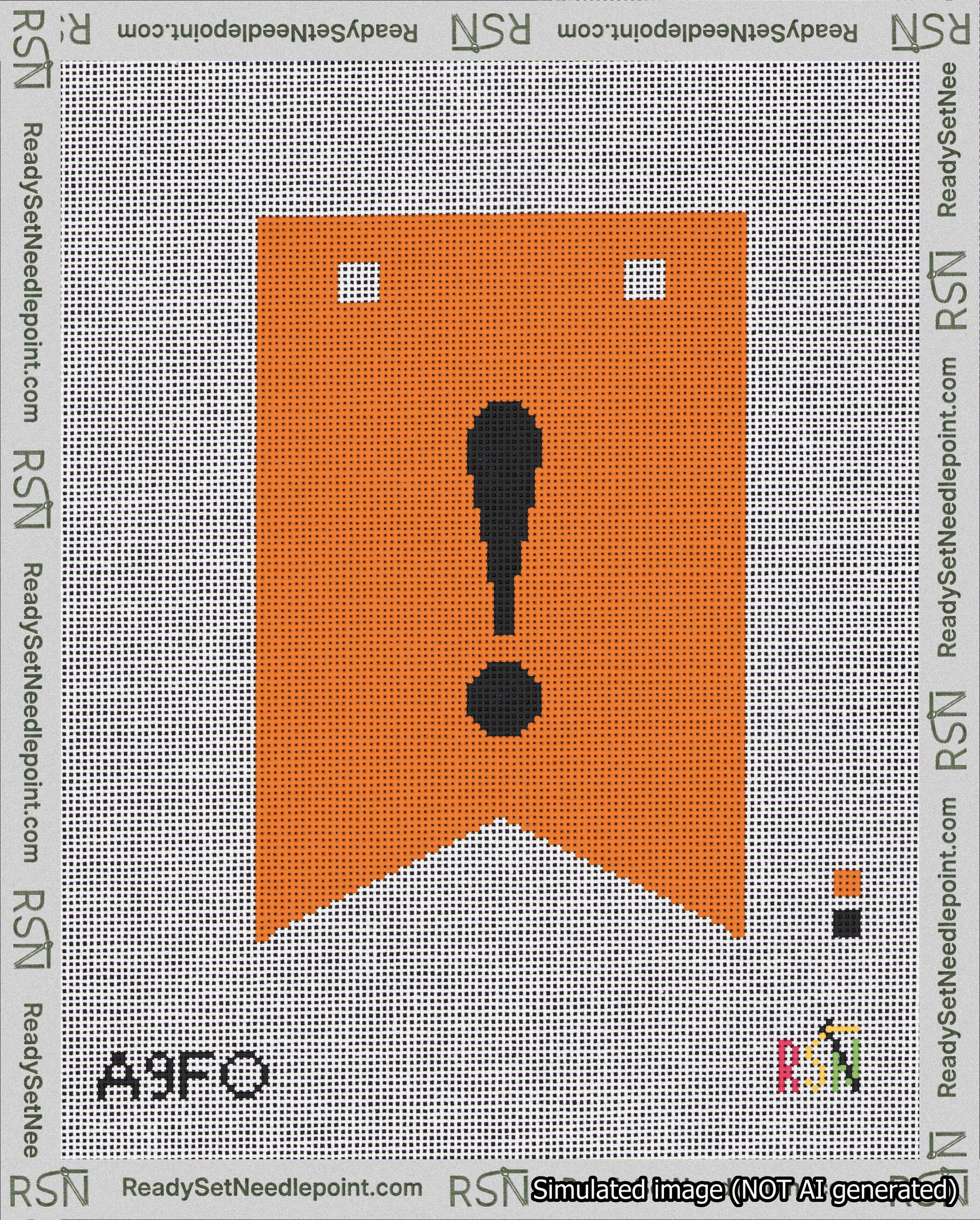 A taped needlepoint canvas with the design: Banner 18 mesh count Forked Exclamation Black on Orange.