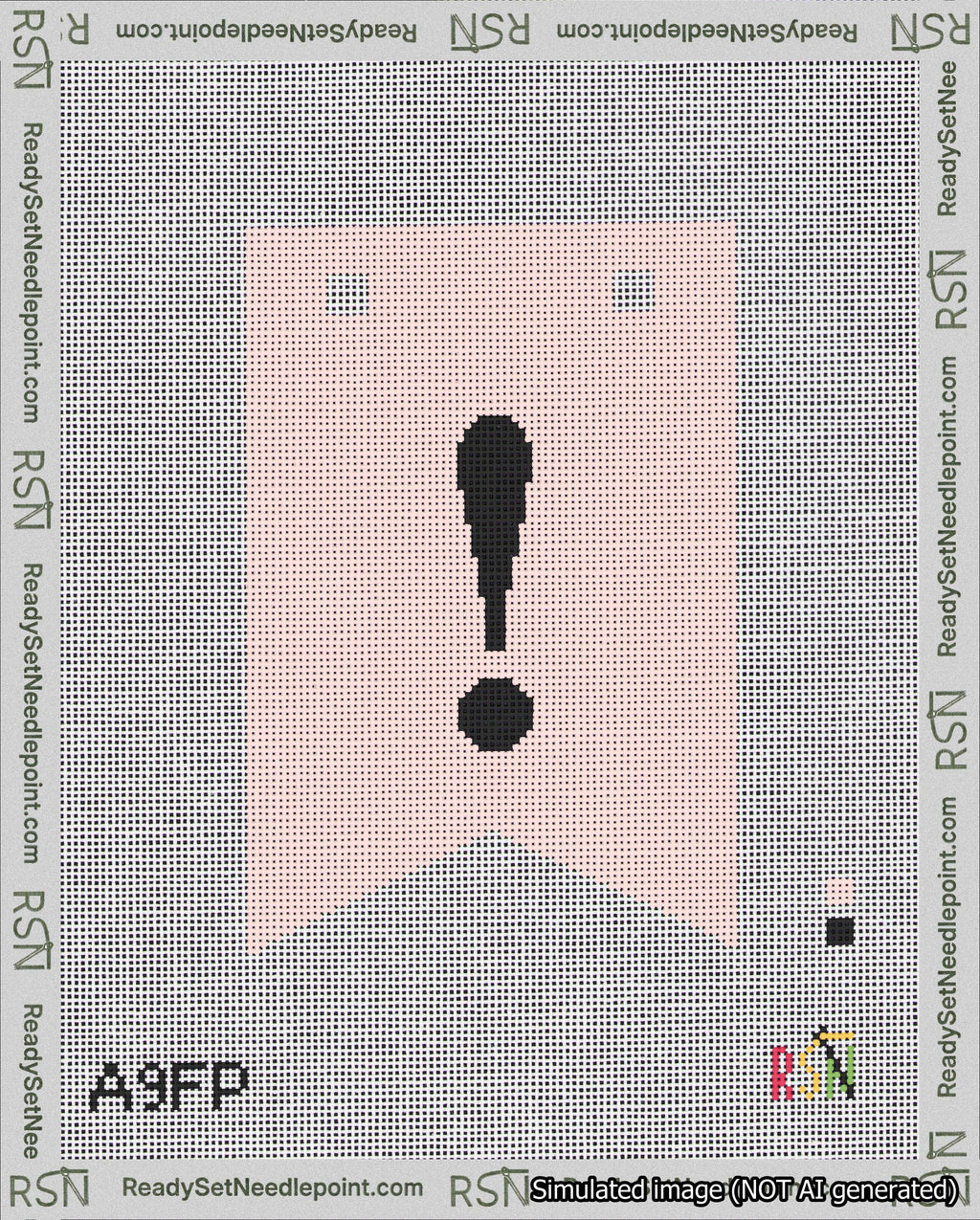 A taped needlepoint canvas with the design: Banner 18 mesh count Forked Exclamation Black on Pink.
