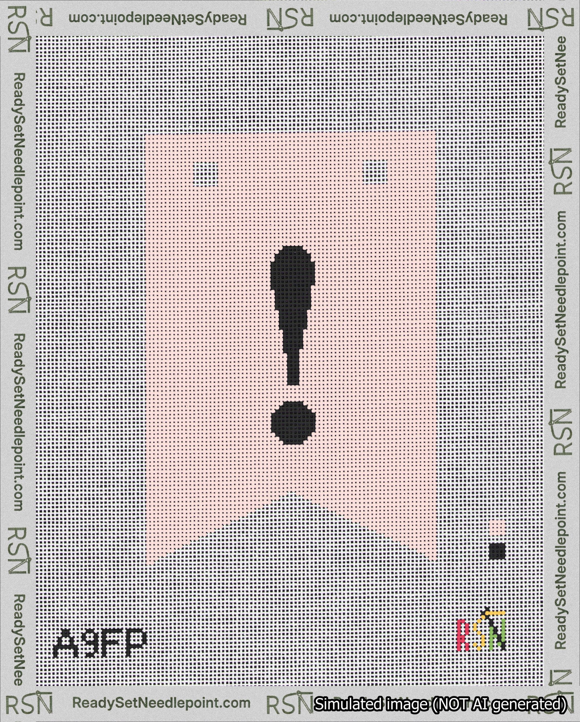 A taped needlepoint canvas with the design: Banner 18 mesh count Forked Exclamation Black on Pink.